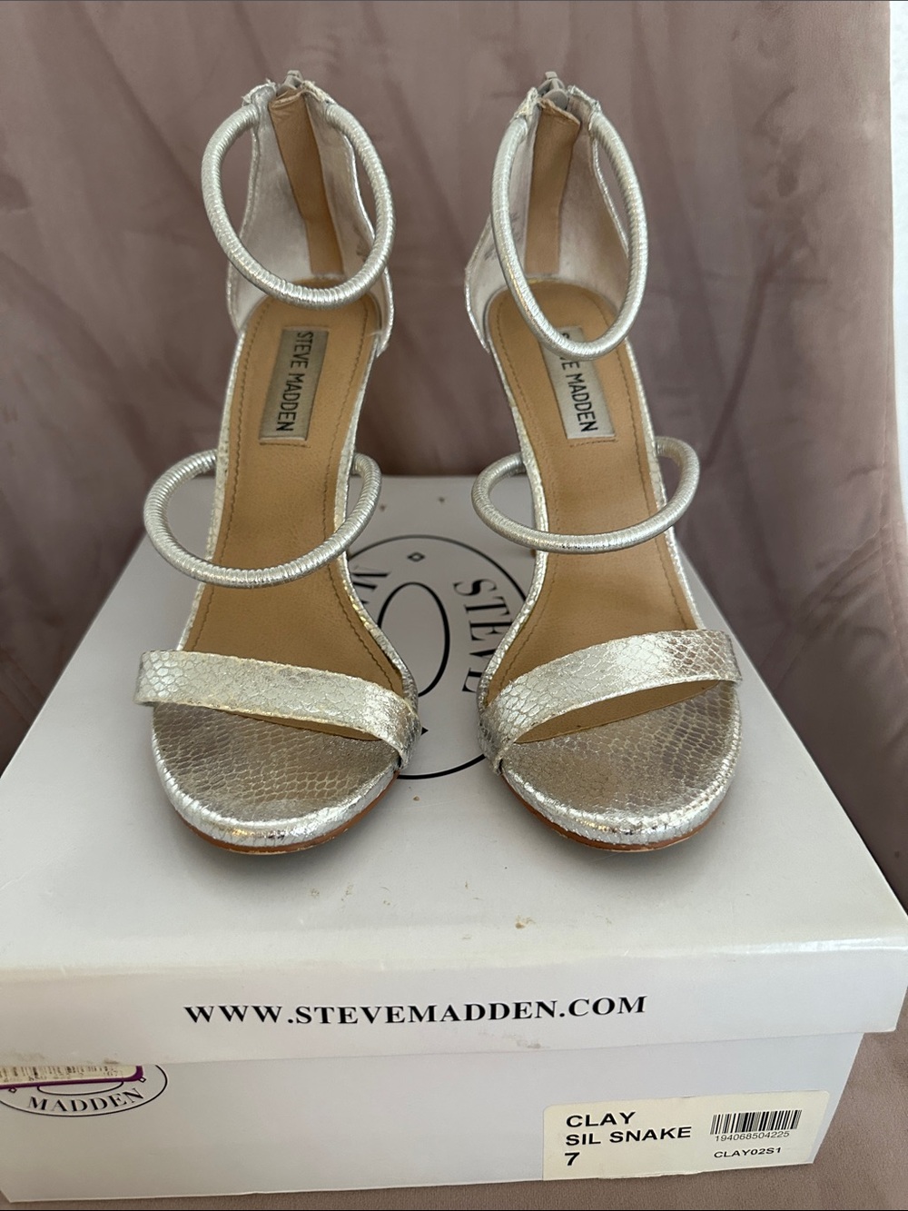 Steve Madden Silver Snake-Print Strappy Heels
